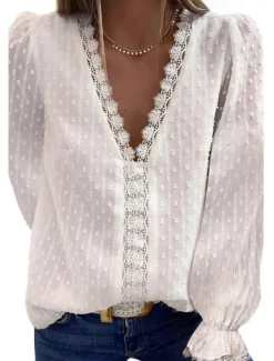 Clearance Women's White Elegant Lace Tops Eyelet Blouse Stylish Modern Lace Long Sleeve V Neck Daily Romantic Petite Tops Summer Holiday Wear Black White Pink Spring Fall Women Lace Tops