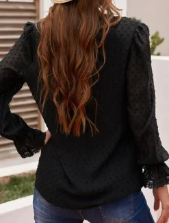 Clearance Women's White Elegant Lace Tops Eyelet Blouse Stylish Modern Lace Long Sleeve V Neck Daily Romantic Petite Tops Summer Holiday Wear Black White Pink Spring Fall Women Lace Tops