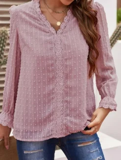 Clearance Women's White Elegant Lace Tops Eyelet Blouse Stylish Modern Lace Long Sleeve V Neck Daily Romantic Petite Tops Summer Holiday Wear Black White Pink Spring Fall Women Lace Tops