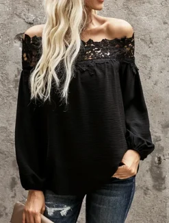 Women's White Elegant Lace Tops Eyelet Sexy Blouse Casual Solid Color Regular Tops Long Sleeve Off Shoulder Lace Backless Patchwork Regular Fit Daily Romantic Petite Tops Summer Holiday Wear Black Women Lace Tops