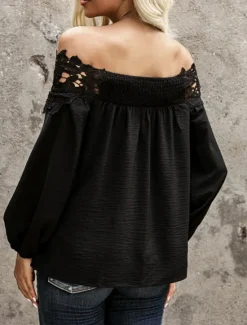 Women's White Elegant Lace Tops Eyelet Sexy Blouse Casual Solid Color Regular Tops Long Sleeve Off Shoulder Lace Backless Patchwork Regular Fit Daily Romantic Petite Tops Summer Holiday Wear Black Women Lace Tops