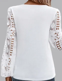 Discount Women's White Elegant Lace Tops Eyelet Blouse Casual Solid Color Regular Tops Long Sleeve Asymmetrical Lace Patchwork Regular Fit Daily Black White Pink Romantic Petite Tops Summer Holiday Wear Women Lace Tops