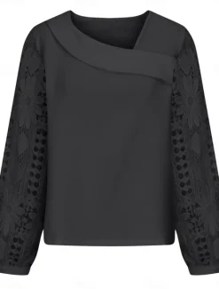 Discount Women's White Elegant Lace Tops Eyelet Blouse Casual Solid Color Regular Tops Long Sleeve Asymmetrical Lace Patchwork Regular Fit Daily Black White Pink Romantic Petite Tops Summer Holiday Wear Women Lace Tops