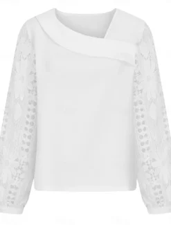 Discount Women's White Elegant Lace Tops Eyelet Blouse Casual Solid Color Regular Tops Long Sleeve Asymmetrical Lace Patchwork Regular Fit Daily Black White Pink Romantic Petite Tops Summer Holiday Wear Women Lace Tops