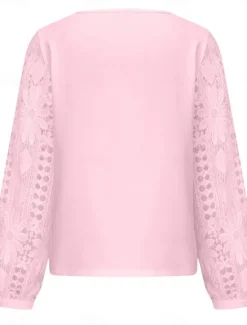 Discount Women's White Elegant Lace Tops Eyelet Blouse Casual Solid Color Regular Tops Long Sleeve Asymmetrical Lace Patchwork Regular Fit Daily Black White Pink Romantic Petite Tops Summer Holiday Wear Women Lace Tops