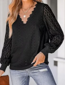 Sale Women's White Elegant Lace Tops Eyelet Blouse Dressy Tops Plain Lace Cut Out Street Daily Fashion V Neck Regular Fit Romantic Petite Tops Summer Holiday Wear Black White Women Lace Tops