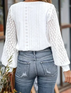 Sale Women's White Elegant Lace Tops Eyelet Blouse Dressy Tops Plain Lace Cut Out Street Daily Fashion V Neck Regular Fit Romantic Petite Tops Summer Holiday Wear Black White Women Lace Tops