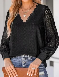 Sale Women's White Elegant Lace Tops Eyelet Blouse Dressy Tops Plain Lace Cut Out Street Daily Fashion V Neck Regular Fit Romantic Petite Tops Summer Holiday Wear Black White Women Lace Tops