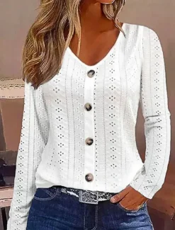 Women's White Elegant Lace Tops Eyelet Blouse Dressy Tops Fashion Basic Buttons Long Sleeve Regular Tops V Neck Casual Romantic Petite Tops Summer Holiday Wear White Light Green Light Blue Fall Women Lace Tops