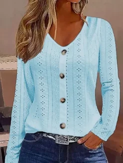 Women's White Elegant Lace Tops Eyelet Blouse Dressy Tops Fashion Basic Buttons Long Sleeve Regular Tops V Neck Casual Romantic Petite Tops Summer Holiday Wear White Light Green Light Blue Fall Women Lace Tops
