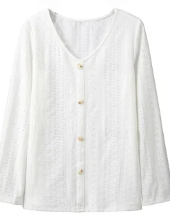 Women's White Elegant Lace Tops Eyelet Blouse Dressy Tops Fashion Basic Buttons Long Sleeve Regular Tops V Neck Casual Romantic Petite Tops Summer Holiday Wear White Light Green Light Blue Fall Women Lace Tops