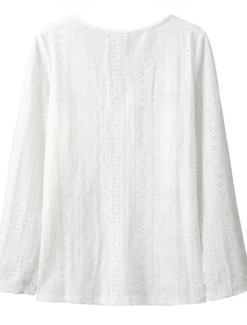 Women's White Elegant Lace Tops Eyelet Blouse Dressy Tops Fashion Basic Buttons Long Sleeve Regular Tops V Neck Casual Romantic Petite Tops Summer Holiday Wear White Light Green Light Blue Fall Women Lace Tops