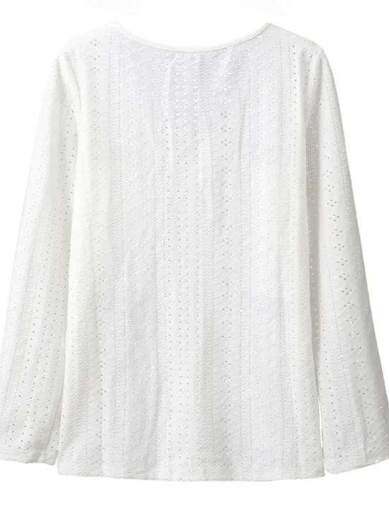 Women's White Elegant Lace Tops Eyelet Blouse Dressy Tops Fashion Basic Buttons Long Sleeve Regular Tops V Neck Casual Romantic Petite Tops Summer Holiday Wear White Light Green Light Blue Fall Women Lace Tops