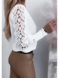 Outlet Women's Elegant Lace Tops Eyelet Blouse Stylish Modern Lace Long Sleeve Regular Tops V Neck Work Daily Romantic Petite Tops Summer Holiday Wear Spring Fall Women Lace Tops