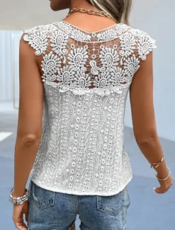 Sale Women's White Elegant Lace Tops Eyelet Blouse Plain Lace Street Daily Fashion V Neck Regular Fit Romantic Sexy Petite Tops Summer Holiday Wear Black White Beige Women Lace Tops