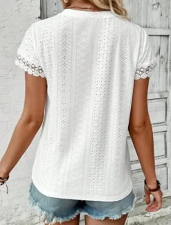 Clearance Women's Elegant Lace Tops Eyelet Blouse Fashion Plain Regular Tops Short Sleeve Crew Neck Lace Regular Fit Vacation Daily Romantic Petite Tops Summer Holiday Wear Summer Women Lace Tops