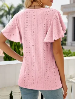 Hot Women's White Elegant Lace Tops Eyelet Blouse Stylish Casual Solid Color Butterfly Sleeve Short Sleeve Regular Tops Crew Neck Daily Romantic Petite Tops Summer Holiday Wear White Pink Purple Green Women Lace Tops