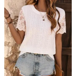 New Women's Elegant Lace Tops Eyelet Blouse Short Sleeve Crew Neck Solid Color Plain Romantic Petite Tops Summer Holiday Wear Semi Formal Blouses Women Lace Tops