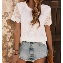 New Women's Elegant Lace Tops Eyelet Blouse Short Sleeve Crew Neck Solid Color Plain Romantic Petite Tops Summer Holiday Wear Semi Formal Blouses Women Lace Tops