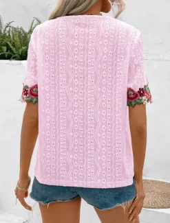 Clearance Women's White Elegant Lace Tops Eyelet Blouse Fashion Modern Casual Plain Regular Tops Short Sleeve V Neck Embroidered Regular Fit Weekend Romantic Petite Tops Summer Holiday Wear Pink Summer Spring Women Lace Tops