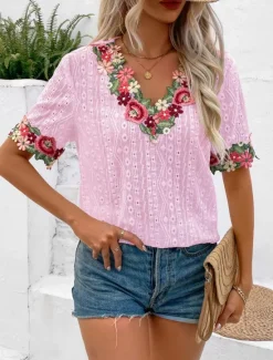 Clearance Women's White Elegant Lace Tops Eyelet Blouse Fashion Modern Casual Plain Regular Tops Short Sleeve V Neck Embroidered Regular Fit Weekend Romantic Petite Tops Summer Holiday Wear Pink Summer Spring Women Lace Tops