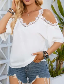 Online Women's White Elegant Lace Tops Eyelet Sexy Blouse Casual Solid Color Regular Tops Short Sleeve Strap Lace Patchwork Regular Fit Daily Romantic Petite Tops Summer Holiday Wear Black White Women Lace Tops