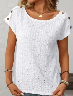 Discount Women's White Elegant Lace Tops Eyelet Blouse Fashion Modern Plain Regular Tops Short Sleeve Crew Neck Buttons Regular Fit Daily Weekend Romantic Petite Tops Summer Holiday Wear Orange Summer Spring Women Lace Tops