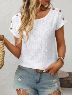 Discount Women's White Elegant Lace Tops Eyelet Blouse Fashion Modern Plain Regular Tops Short Sleeve Crew Neck Buttons Regular Fit Daily Weekend Romantic Petite Tops Summer Holiday Wear Orange Summer Spring Women Lace Tops