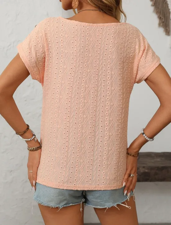 Discount Women's White Elegant Lace Tops Eyelet Blouse Fashion Modern Plain Regular Tops Short Sleeve Crew Neck Buttons Regular Fit Daily Weekend Romantic Petite Tops Summer Holiday Wear Orange Summer Spring Women Lace Tops
