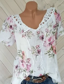 Hot Women's White Elegant Lace Tops Eyelet Blouse Basic Floral Lace up Print Short Sleeve Regular Tops V Neck Casual Romantic Petite Tops Summer Holiday Wear White Pink Blue Orange Green Women Lace Tops