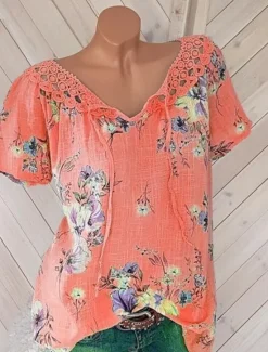 Hot Women's White Elegant Lace Tops Eyelet Blouse Basic Floral Lace up Print Short Sleeve Regular Tops V Neck Casual Romantic Petite Tops Summer Holiday Wear White Pink Blue Orange Green Women Lace Tops