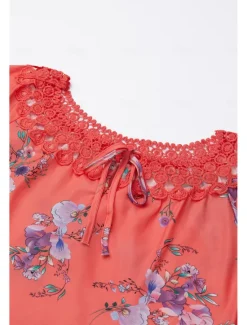 Hot Women's White Elegant Lace Tops Eyelet Blouse Basic Floral Lace up Print Short Sleeve Regular Tops V Neck Casual Romantic Petite Tops Summer Holiday Wear White Pink Blue Orange Green Women Lace Tops