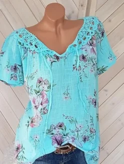 Hot Women's White Elegant Lace Tops Eyelet Blouse Basic Floral Lace up Print Short Sleeve Regular Tops V Neck Casual Romantic Petite Tops Summer Holiday Wear White Pink Blue Orange Green Women Lace Tops