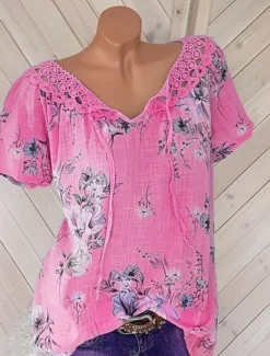 Hot Women's White Elegant Lace Tops Eyelet Blouse Basic Floral Lace up Print Short Sleeve Regular Tops V Neck Casual Romantic Petite Tops Summer Holiday Wear White Pink Blue Orange Green Women Lace Tops