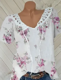 Hot Women's White Elegant Lace Tops Eyelet Blouse Basic Floral Lace up Print Short Sleeve Regular Tops V Neck Casual Romantic Petite Tops Summer Holiday Wear White Pink Blue Orange Green Women Lace Tops