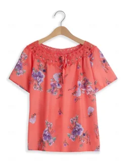 Hot Women's White Elegant Lace Tops Eyelet Blouse Basic Floral Lace up Print Short Sleeve Regular Tops V Neck Casual Romantic Petite Tops Summer Holiday Wear White Pink Blue Orange Green Women Lace Tops