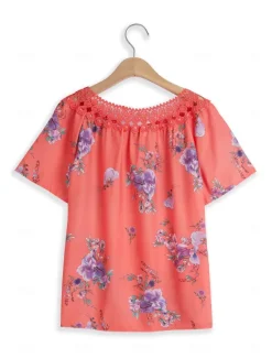 Hot Women's White Elegant Lace Tops Eyelet Blouse Basic Floral Lace up Print Short Sleeve Regular Tops V Neck Casual Romantic Petite Tops Summer Holiday Wear White Pink Blue Orange Green Women Lace Tops