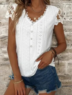 Women's Elegant Lace Tops Eyelet Blouse Casual Solid Color Regular Tops Short Sleeve V Neck Lace Patchwork Buttons Regular Fit Daily Romantic Petite Tops Summer Holiday Wear Women Lace Tops