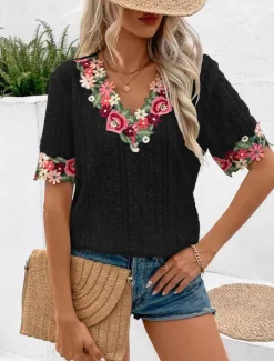 Online Women's White Elegant Lace Tops Eyelet Blouse Floral Embroidery V-Neck Half Sleeve White Summer Casual Outdoor Everyday Wear Romantic Petite Tops Summer Holiday Wear Women Spring Tops
