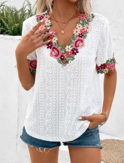 Online Women's White Elegant Lace Tops Eyelet Blouse Floral Embroidery V-Neck Half Sleeve White Summer Casual Outdoor Everyday Wear Romantic Petite Tops Summer Holiday Wear Women Spring Tops