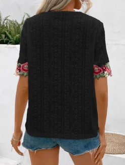 Online Women's White Elegant Lace Tops Eyelet Blouse Floral Embroidery V-Neck Half Sleeve White Summer Casual Outdoor Everyday Wear Romantic Petite Tops Summer Holiday Wear Women Spring Tops