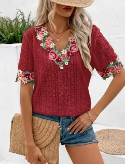 Online Women's White Elegant Lace Tops Eyelet Blouse Floral Embroidery V-Neck Half Sleeve White Summer Casual Outdoor Everyday Wear Romantic Petite Tops Summer Holiday Wear Women Spring Tops