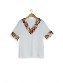 Online Women's White Elegant Lace Tops Eyelet Blouse Floral Embroidery V-Neck Half Sleeve White Summer Casual Outdoor Everyday Wear Romantic Petite Tops Summer Holiday Wear Women Spring Tops