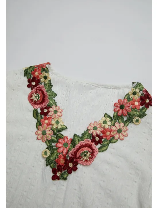 Online Women's White Elegant Lace Tops Eyelet Blouse Floral Embroidery V-Neck Half Sleeve White Summer Casual Outdoor Everyday Wear Romantic Petite Tops Summer Holiday Wear Women Spring Tops