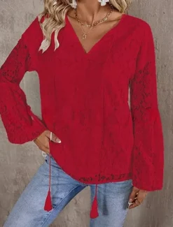 Outlet Women's White Elegant Lace Tops Eyelet Blouse Casual Solid Color Regular Tops Long Sleeve V Neck Lace Patchwork Regular Fit Daily Romantic Petite Tops Summer Holiday Wear White Red Women Shirts|Lace Tops