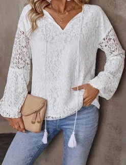 Outlet Women's White Elegant Lace Tops Eyelet Blouse Casual Solid Color Regular Tops Long Sleeve V Neck Lace Patchwork Regular Fit Daily Romantic Petite Tops Summer Holiday Wear White Red Women Shirts|Lace Tops