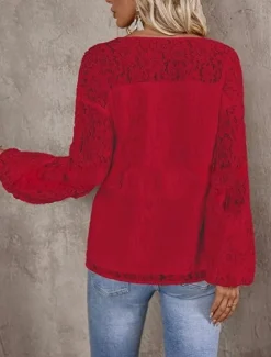Outlet Women's White Elegant Lace Tops Eyelet Blouse Casual Solid Color Regular Tops Long Sleeve V Neck Lace Patchwork Regular Fit Daily Romantic Petite Tops Summer Holiday Wear White Red Women Shirts|Lace Tops