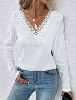 Online Women's Elegant Lace Tops Eyelet Blouse Casual Lace Long Sleeve Regular Tops V Neck Daily Romantic Petite Tops Summer Holiday Wear Spring Fall Semi Formal Blouses Women Lace Tops