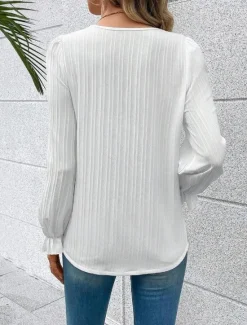 New Women's White Elegant Lace Tops Eyelet Blouse Rayon Stylish Modern Solid Color Striped Lace Long Sleeve V Neck Work Daily Romantic Petite Tops Summer Holiday Wear White Red Blue Green Spring Fall Women Lace Tops
