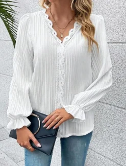 New Women's White Elegant Lace Tops Eyelet Blouse Rayon Stylish Modern Solid Color Striped Lace Long Sleeve V Neck Work Daily Romantic Petite Tops Summer Holiday Wear White Red Blue Green Spring Fall Women Lace Tops